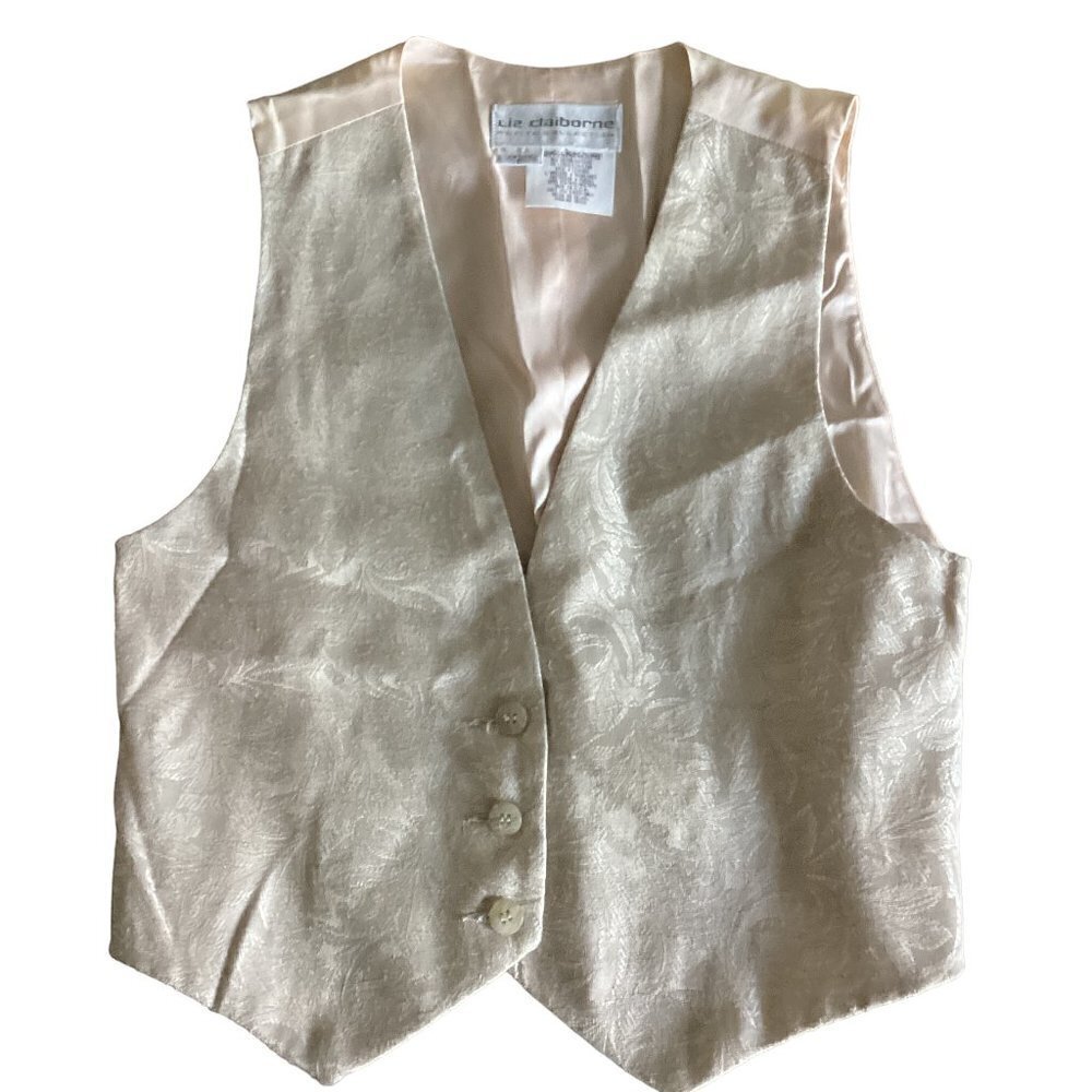 VTG (ILGWU) Liz Claiborne Sz P/Petite Brocade Waistcoat Vest Beige Linen Bl 106J - Picture 5 of 9